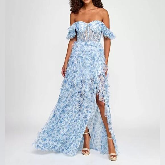 City Studios Juniors' Ruffled Off-The-Shoulder Corset Gown White/Navy Sz 13/14 - Picture 2 of 11